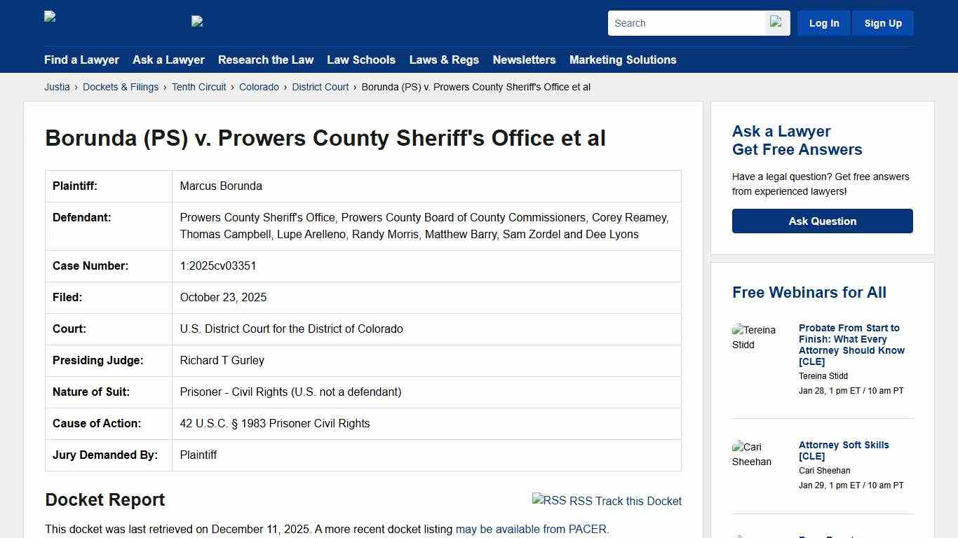 Borunda (PS) v. Prowers County Sheriff's Office et al 1:2025cv03351 U.S. District Court for the District of Colorado Justia